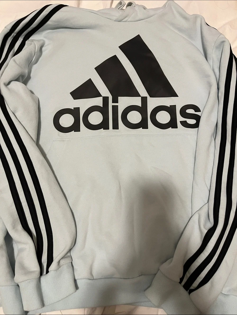 adidas Light Blue Hoodie with Black Logo & Stripes